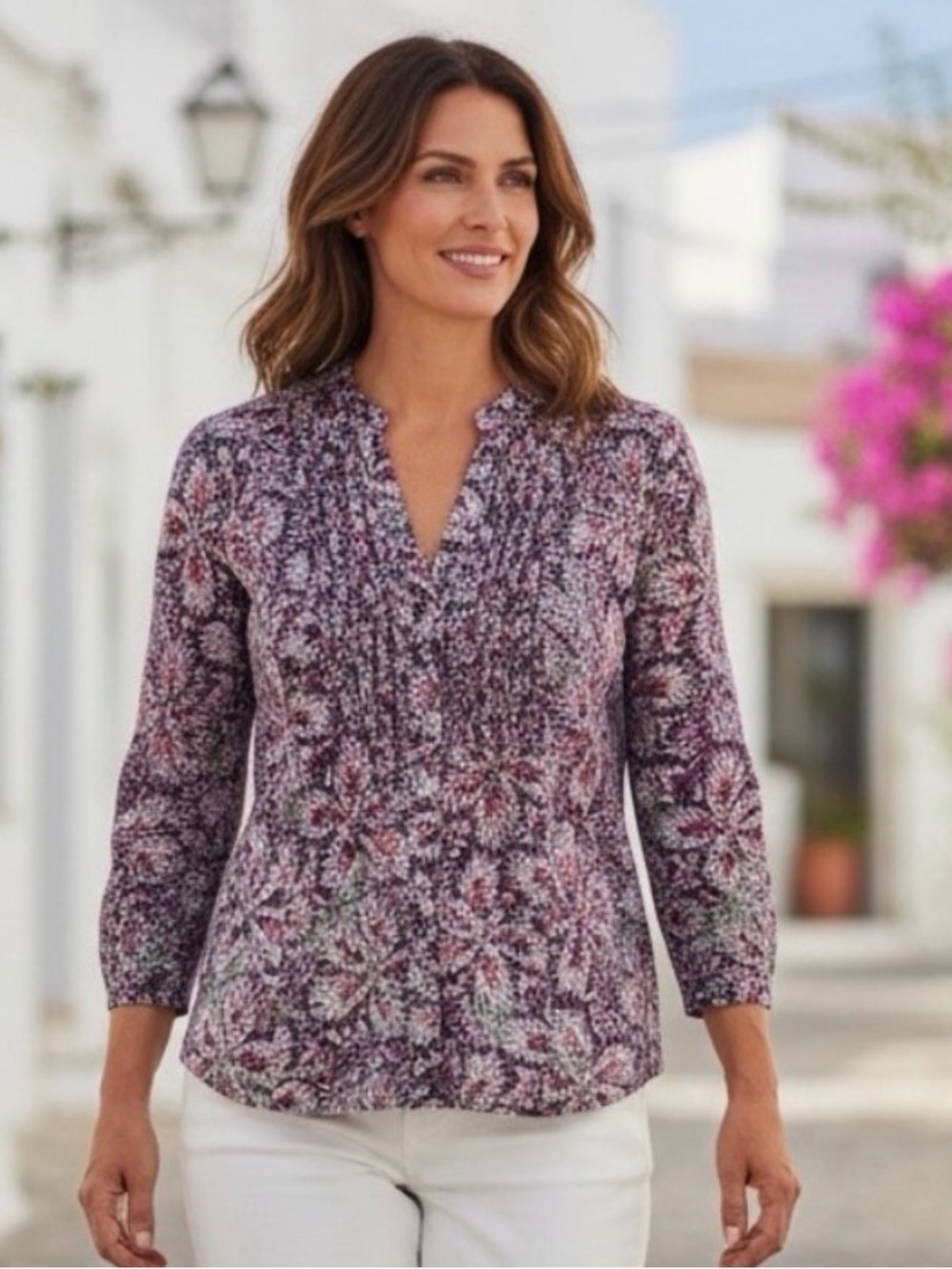 👛(ANY 2/$25) Vintage JM COLLECTION Cotton Blouse, pink/purple/green 3/4 Sleeves